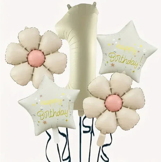 Cream-colored balloon set with number 1, two star-shaped Happy Birthday balloons, and two balloon flowers