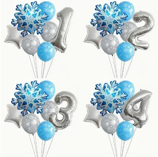 Sets of 7 winter-themed balloons with large silver numbers 1 to 4, blue snowflakes, and star shapes