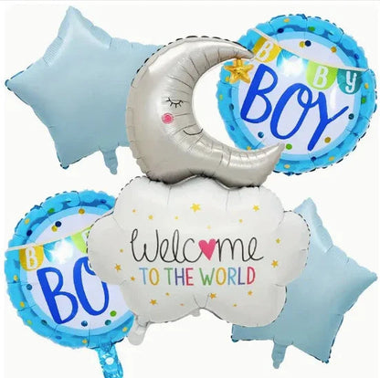 Blue star and round balloons with 'boy' text, silver moon balloon, and white cloud balloon reading 'welcome to the world'