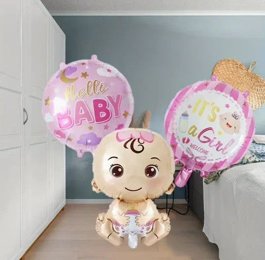 Pink girl-themed gender reveal balloons with baby figure, Hello Baby, and It's a Girl messages