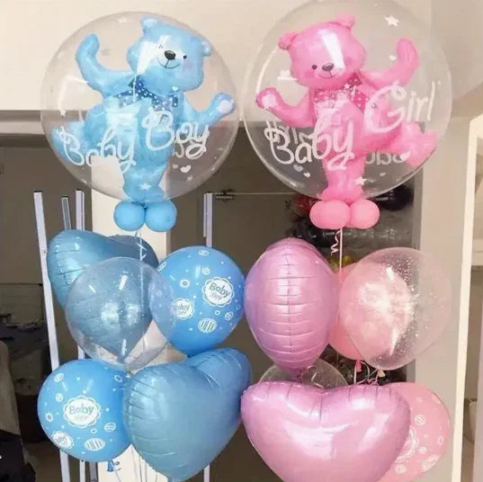 Blue and pink baby boy and girl teddy bear balloons with assorted heart and round balloons