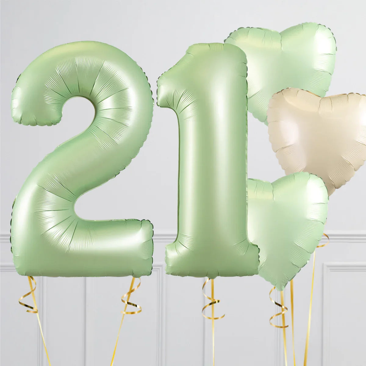 Olive green number 2 and 1 balloons with matching green and beige heart-shaped balloons for 21st celebration
