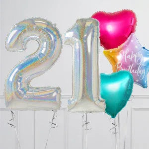 Holographic silver number 21 balloons with colorful heart and star-shaped birthday balloons.