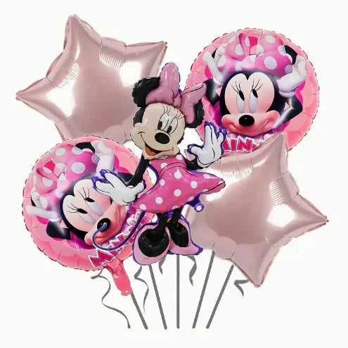 Pink Minnie Mouse balloons including round polka dot and star-shaped foil balloons