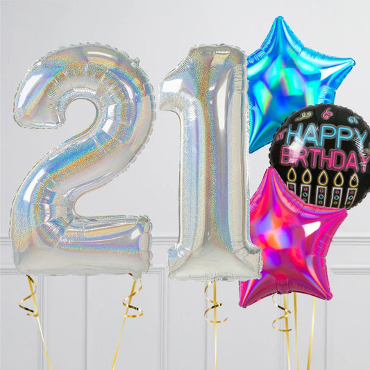 Holographic silver 21 number balloons with star-shaped and happy birthday foil balloons on ribbons