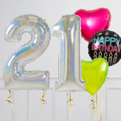 Silver holographic number 21 balloons with pink and green heart balloons and black happy birthday balloon