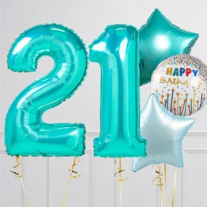 Turquoise foil balloons shaped as number 21 with star and birthday-themed balloons for celebration