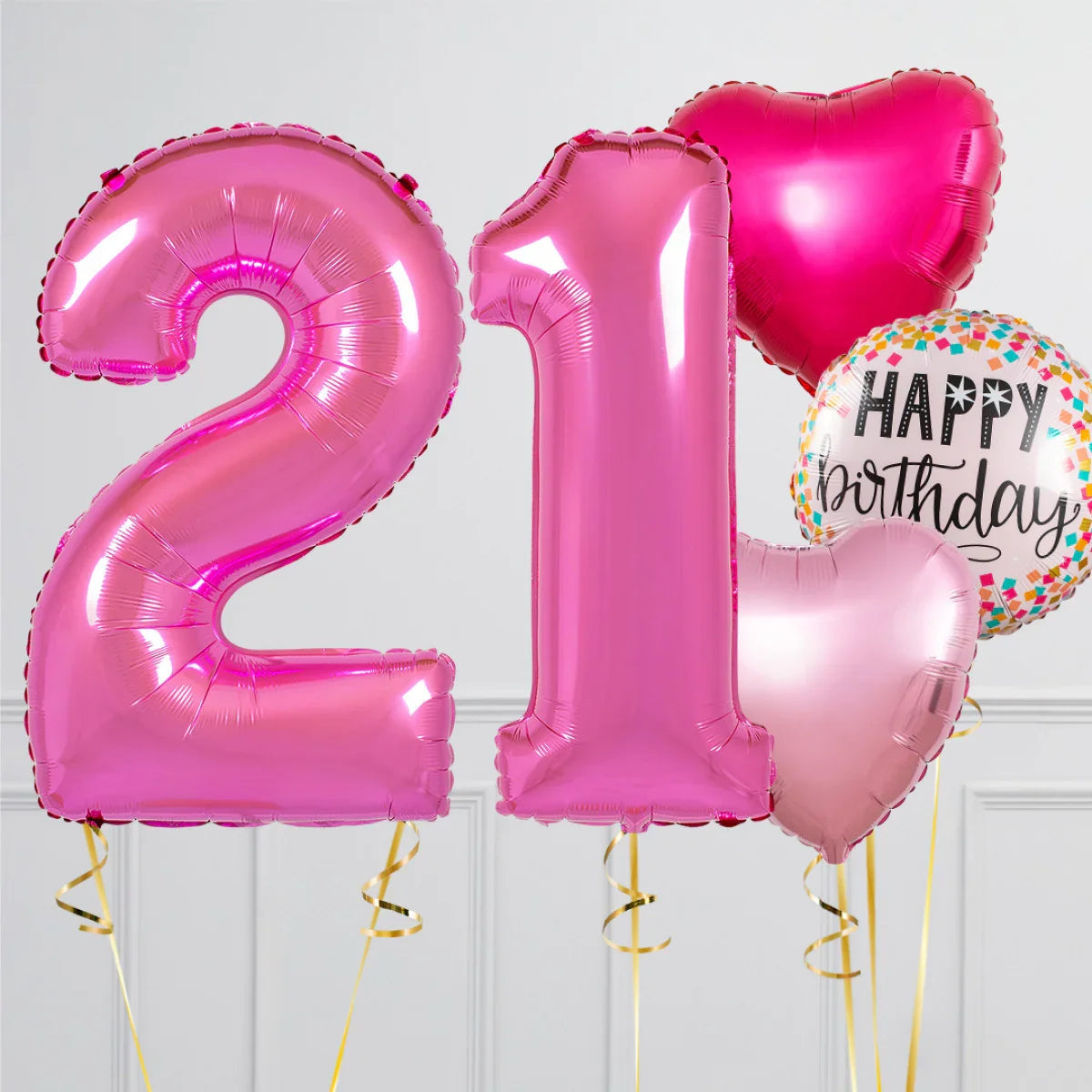 Fuchsia number 21 birthday balloons with heart-shaped and confetti Happy Birthday balloon