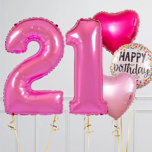 Fuchsia number 21 birthday balloons with heart-shaped and confetti Happy Birthday balloon