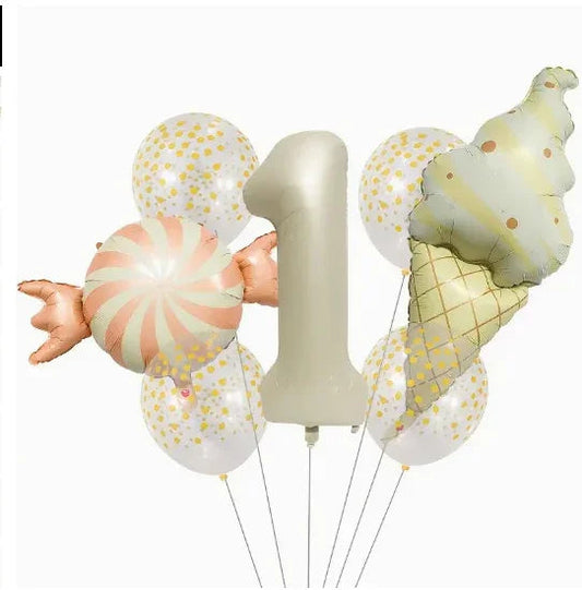 Birthday balloon bouquet with number 1, ice cream cone, swirled candy, and white confetti balloons