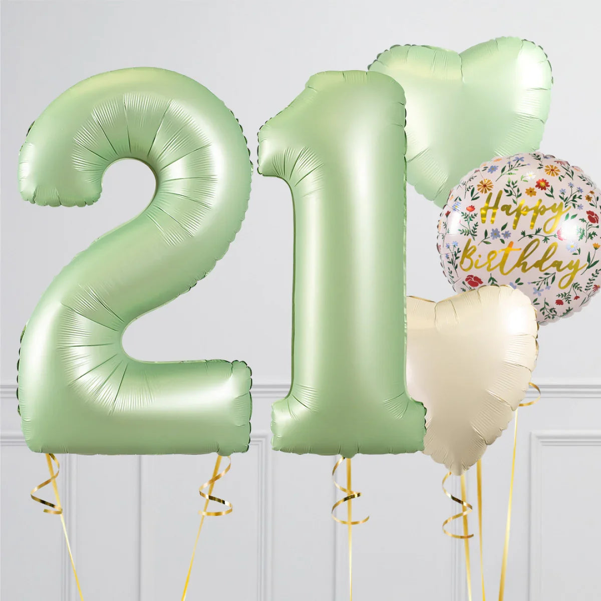 Olive green foil balloons shaped as number 21 with heart-shaped and floral Happy Birthday balloons