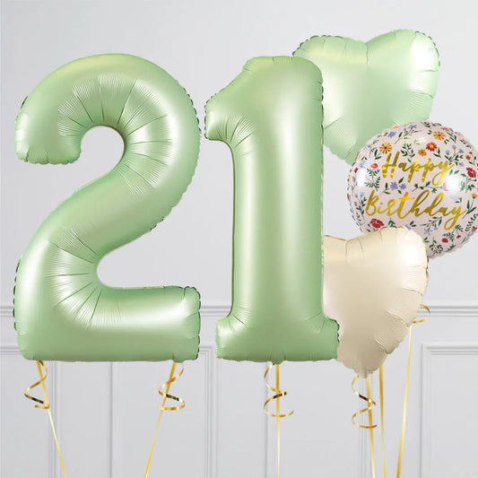 Olive green foil balloons shaped as number 21 with heart-shaped and floral Happy Birthday balloons