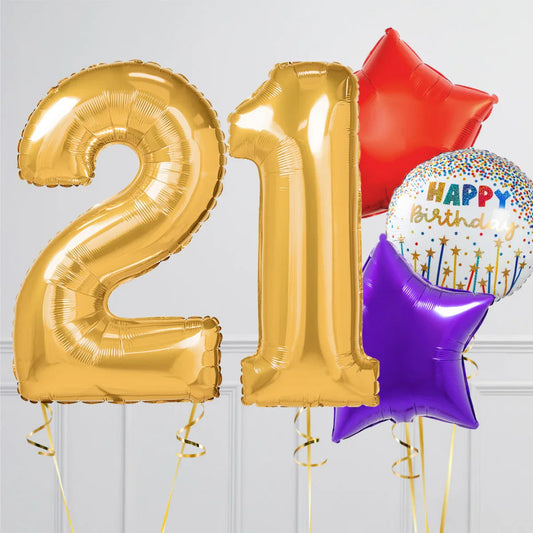 Gold foil balloons shaped as number 21 with red and purple star balloons and a confetti Happy Birthday balloon