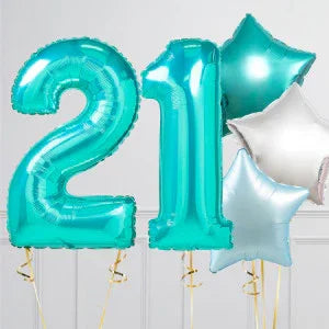 Teal number 21 foil balloons with silver star-shaped balloons on white background
