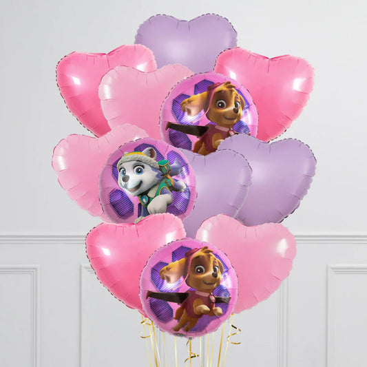 Pink and purple heart-shaped balloons with Paw Patrol characters Skye and Everest in a white room