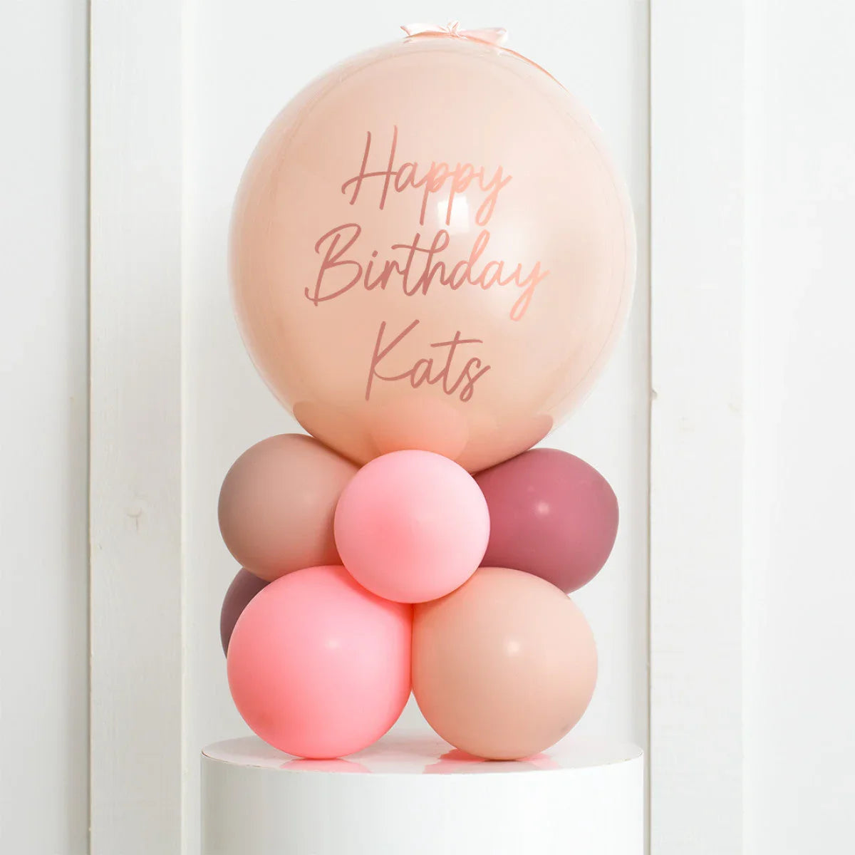 Personalised cherry blossom pink birthday balloon bouquet with Happy Birthday Kats text
