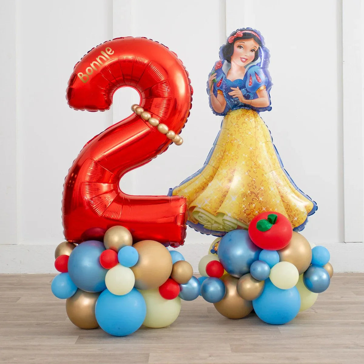 Red foil number 2 balloon with name Bonnie and Snow White character balloon on colorful balloon bases