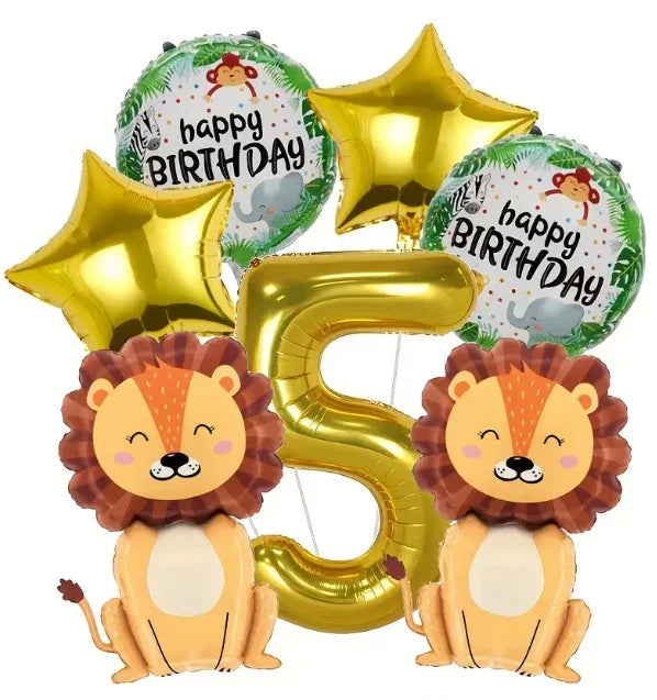 Jungle safari themed birthday balloon set with gold number 5, two lions, star balloons, and happy birthday prints