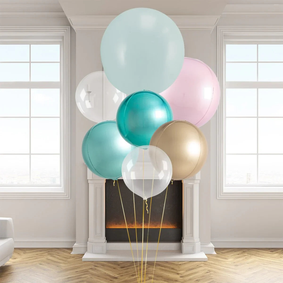 Cluster of pastel and metallic helium balloons in front of a modern fireplace in a bright room