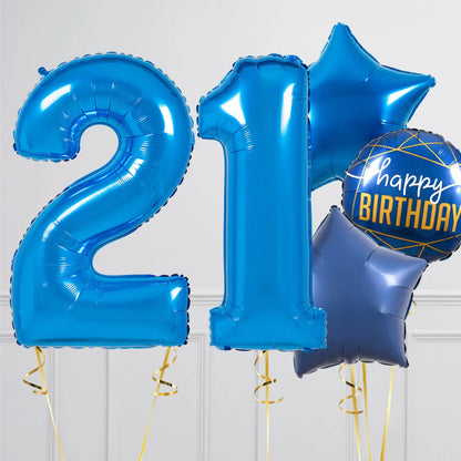 Blue foil balloons shaped as number 21, stars, and a round happy birthday balloon with gold ribbons