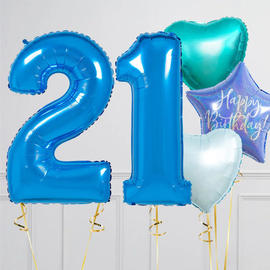 Blue foil balloons shaped as number 21 with heart and star balloons, one star says Happy Birthday