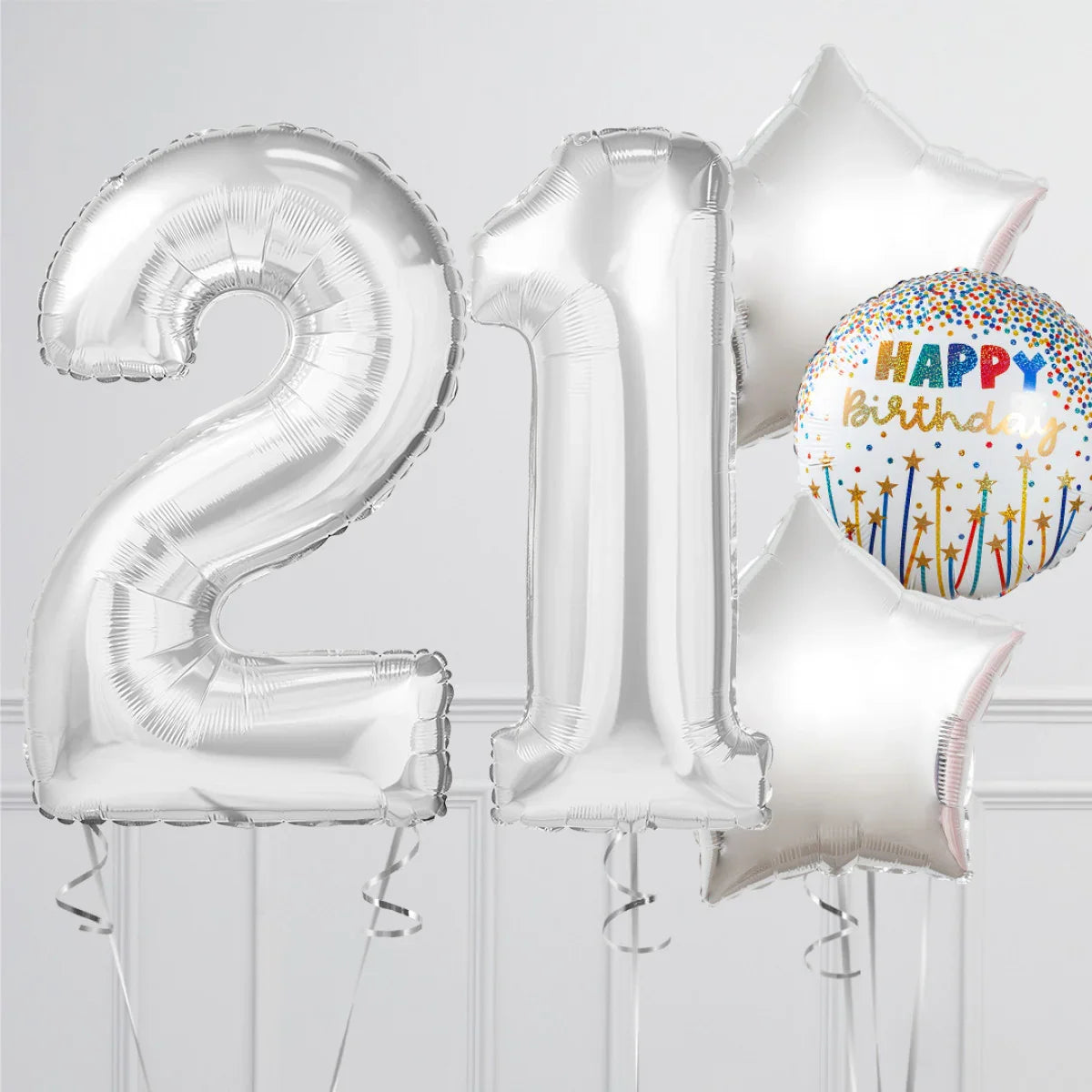 Silver foil balloons shaped 2 and 1 with star balloons and colorful Happy Birthday balloon