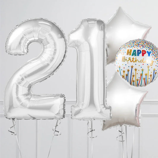 Silver foil balloons shaped 2 and 1 with star balloons and colorful Happy Birthday balloon