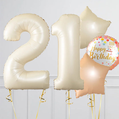 Gold foil balloon set with numbers 2 and 1, star shapes, and a Happy Birthday balloon