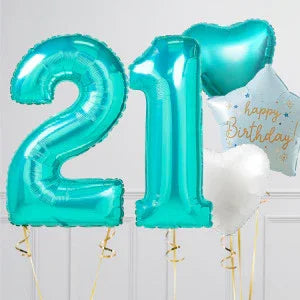 Turquoise foil balloons shaped as number 21 with white and blue star and heart balloons, happy birthday message