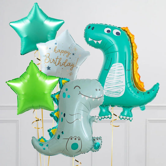 Birthday balloons set featuring two cartoon dinosaur shapes and three star-shaped balloons in green and white