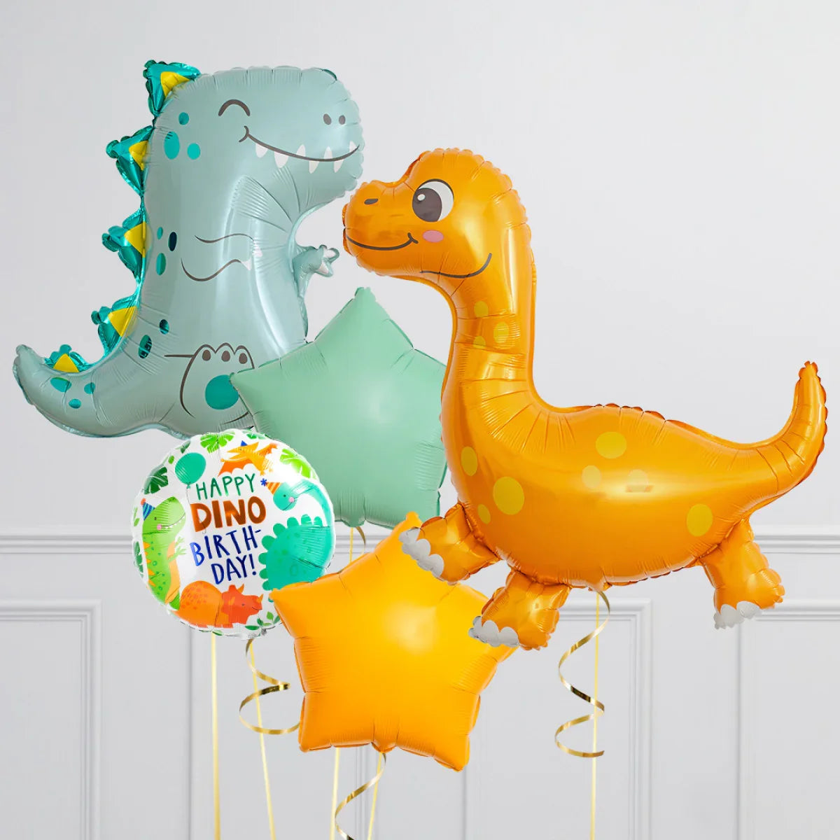 Colorful dinosaur-themed birthday balloons including orange and teal dinos, stars, and a Happy Dino Birthday balloon