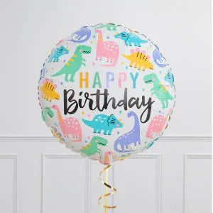 Colorful dinosaur-themed happy birthday balloon with various dinosaurs and confetti on white background