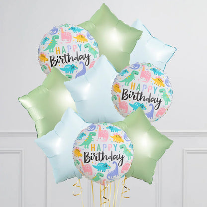 Birthday balloons cluster with dinosaur prints and pastel green and light blue star-shaped balloons