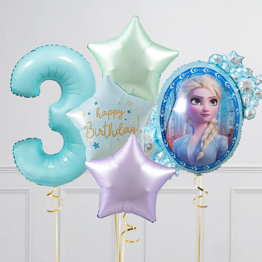 Frozen themed birthday balloons with number 3, stars, and Elsa character design