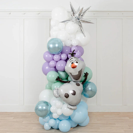 Frozen-themed balloon stand with Olaf character and star balloon in white, purple, blue, and teal colors