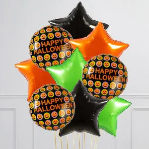 Halloween balloon bouquet with 'Happy Halloween' black round balloons and orange, black, green star-shaped balloons