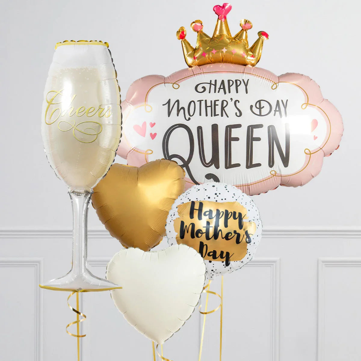 Mother's Day balloons with gold crown, champagne glass, heart shapes, and Happy Mother's Day text