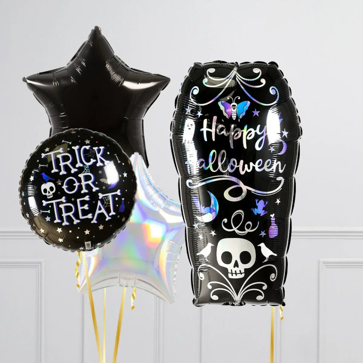 Black and silver Halloween helium balloons with skull, ghost, and Trick or Treat text