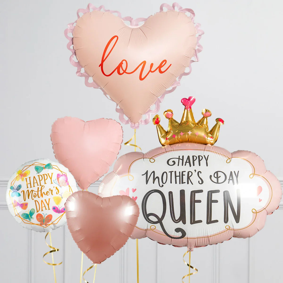 Mother's Day balloons including heart shapes, love balloon, and Happy Mother's Day Queen crown design