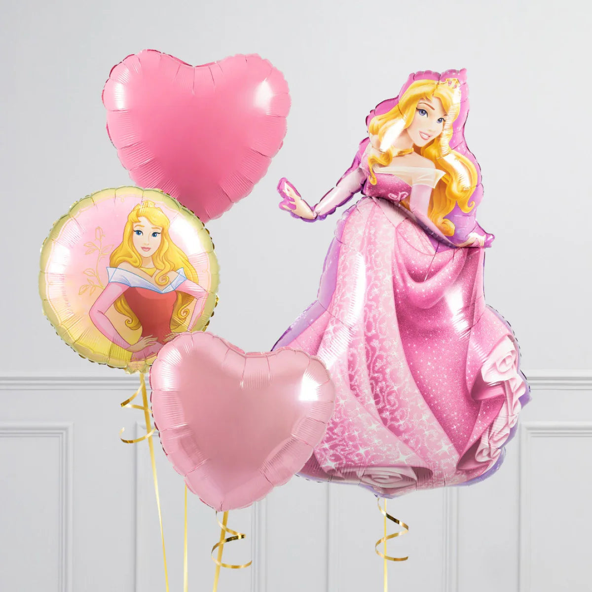 Set of pink heart-shaped and princess-themed foil balloons featuring a blonde princess in a pink dress