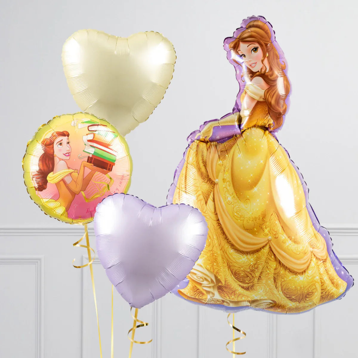 Disney Belle princess foil balloons set with yellow gown and heart-shaped balloons