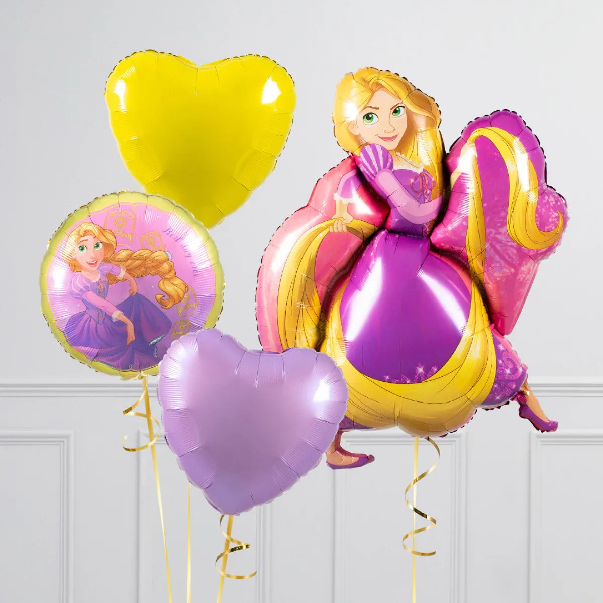 Set of helium balloons featuring cartoon princess in purple dress and heart-shaped yellow and purple balloons