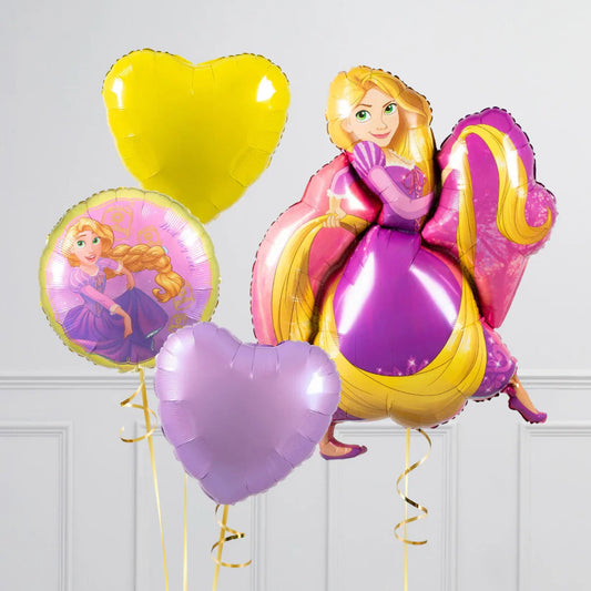 Set of helium balloons featuring cartoon princess in purple dress and heart-shaped yellow and purple balloons