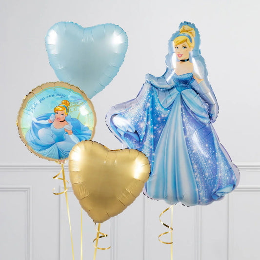 Cinderella-themed foil balloons including Cinderella figure and heart-shaped blue and gold balloons