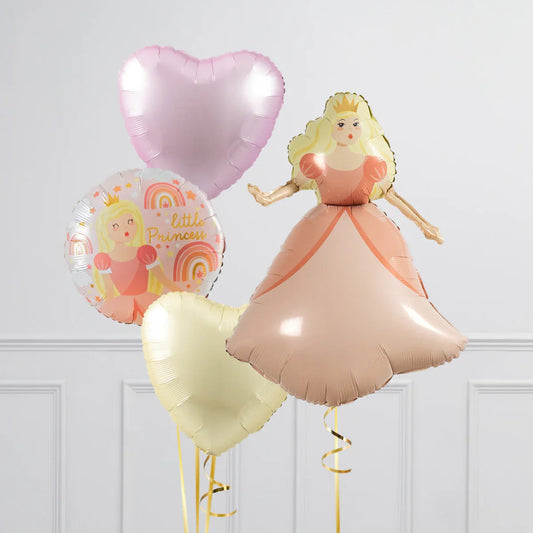 Princess-themed foil balloons set with pink princess, heart shapes, and little princess design