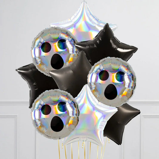 Halloween helium foil balloons cluster with silver ghost faces and black and silver star shapes