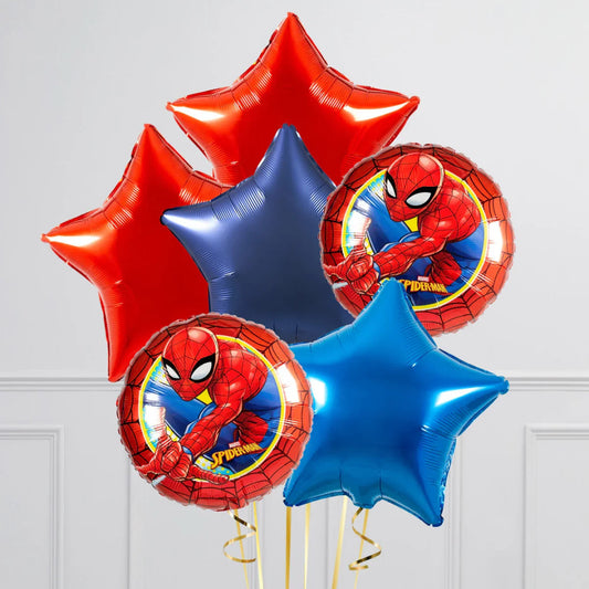 Red and blue star-shaped and Spider-Man themed helium balloons on white background