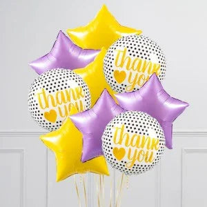 Thank you balloons bouquet with yellow star, purple star, and white polka dot round balloons