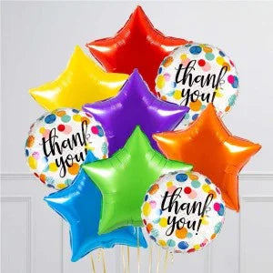 Colorful thank you balloons with star shapes and polka dot round balloons against a white background