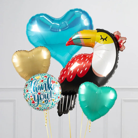 Colorful foil balloons set with toucan shape, heart shapes, and thank you message